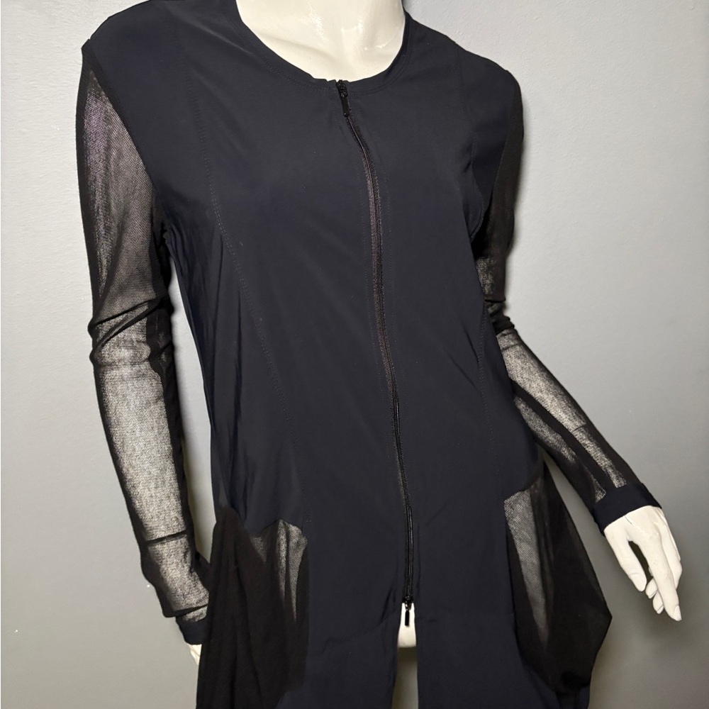Sheer Sleeve Mini Dress with Front Zip - Black - Picture 2 of 14